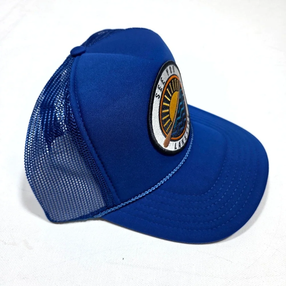 Port Sandz Trucker Hat Mens Blue See You Lakeside Patch Snapback Mesh Cap Retro